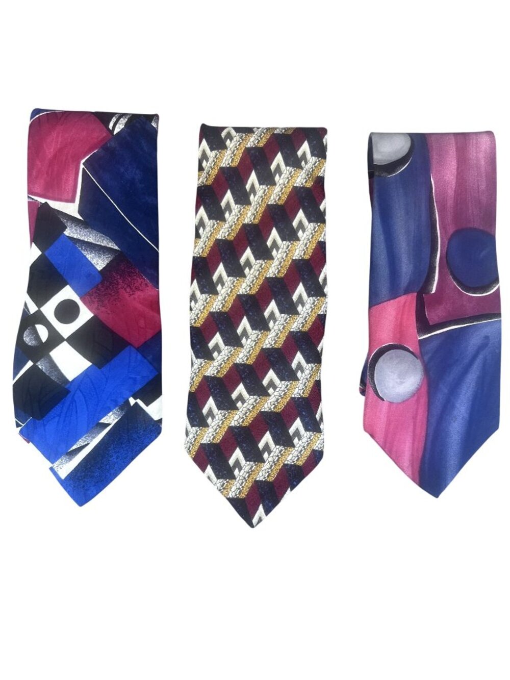 Louis Feraud Tie Lot 3 Mens Silk Multicolor Geometric Designer Classic Made USA